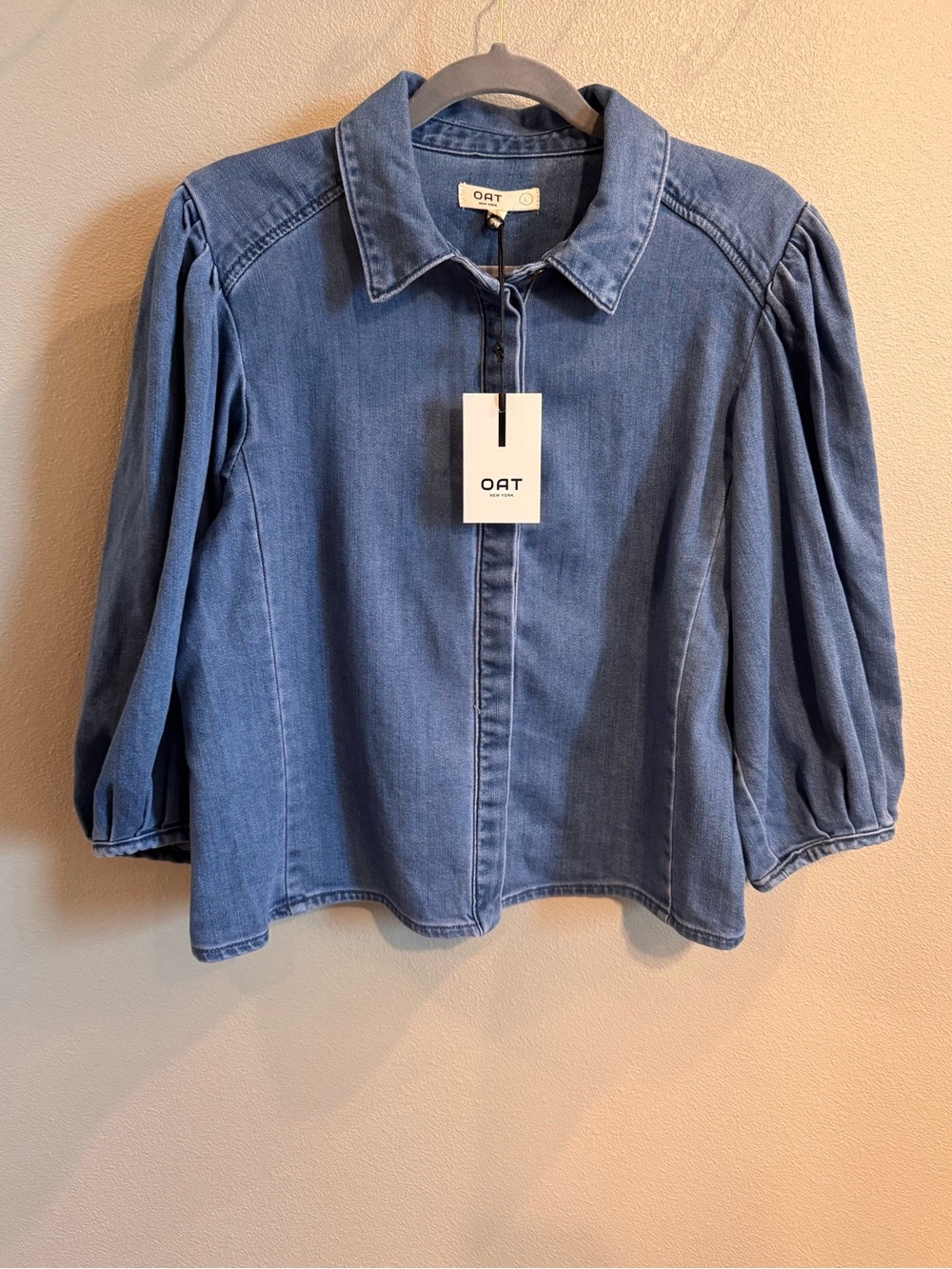 Oat New York Medium Blue Denim Button-Front Puff Sleeve Shirt